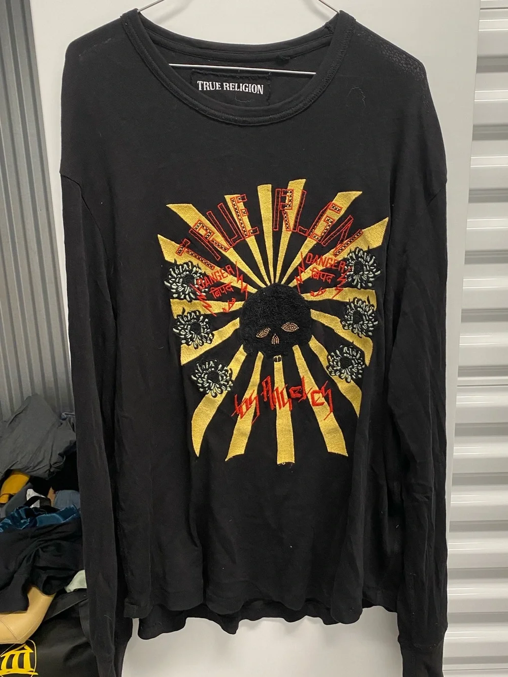 True Religion Black Long-Sleeve Tee with Gold and Red Graphic